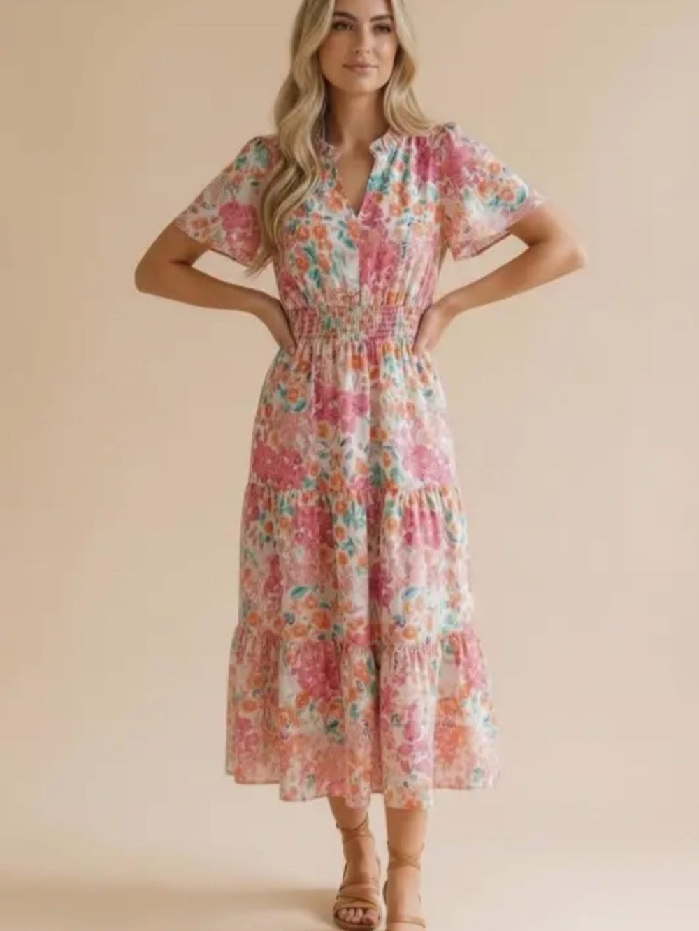 Floral Pink Tiered Midi Dress with Smocked Waist